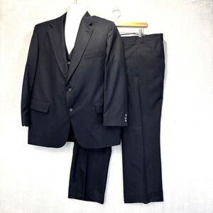 Vintage USA 3 Piece Suit Mens 46 43x27 Blue Pinstripe Blazer Vest Pants